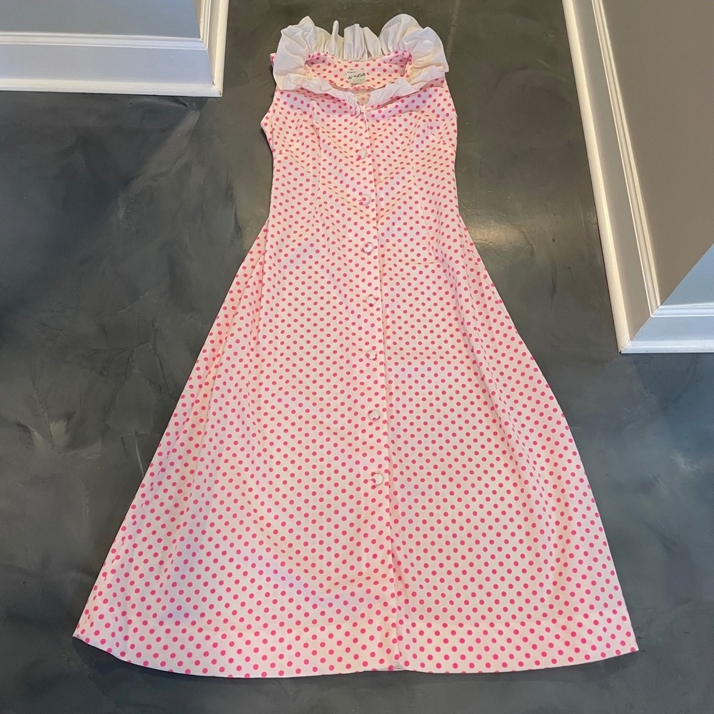 VTG Marcelle McCarthy Miami Pink Polka Dot Ruffle Collar Maxi Dress Womens M 60s